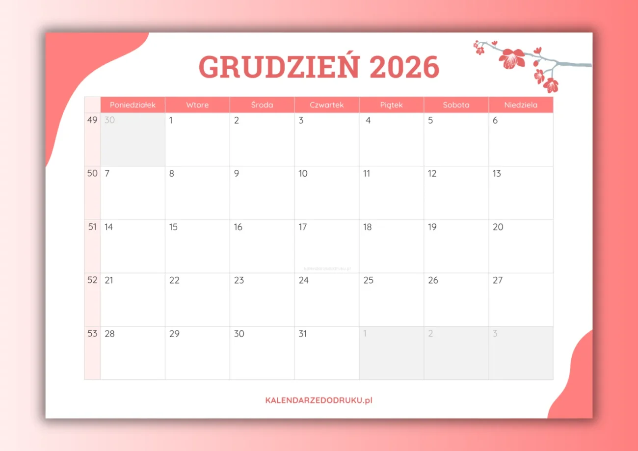 darmowy kalendarz grudzień 2026 do druku
