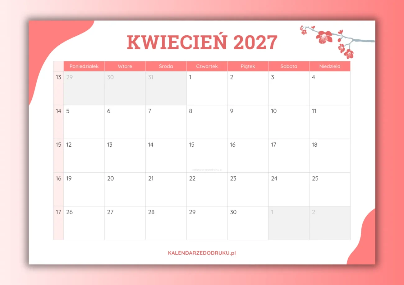 darmowy kalendarz kwiecień 2027 do druku