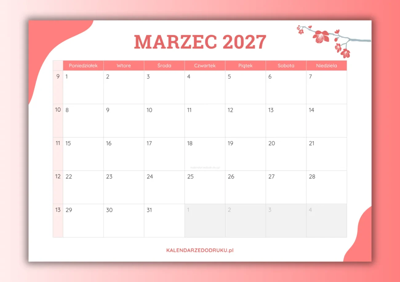 darmowy kalendarz marzec 2027 do druku