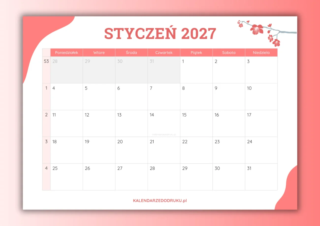 darmowy kalendarz styczen 2027 do druku