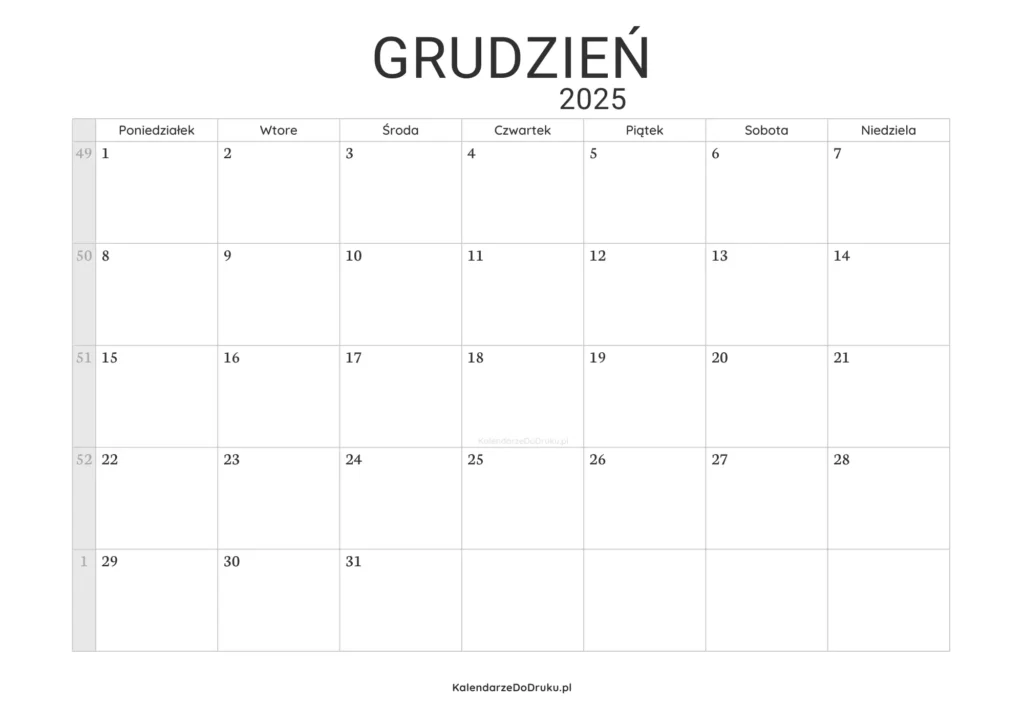 kalendarz Grudzień 2025 do druku