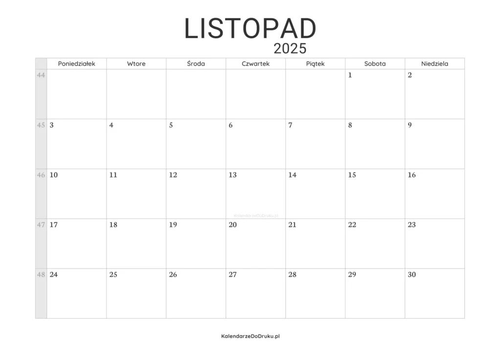 kalendarz Listopad 2025 do druku