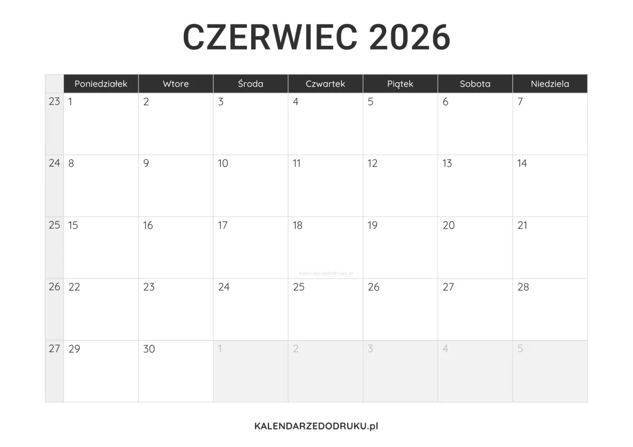 kalendarz czerwiec 2026 minimalistyczny do pobrania pdf