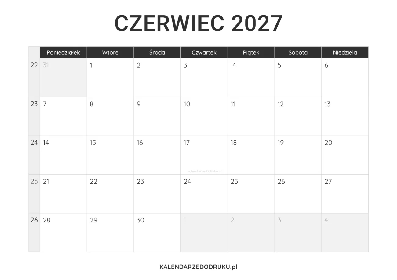 kalendarz czerwiec 2027 minimalistyczny do pobrania pdf