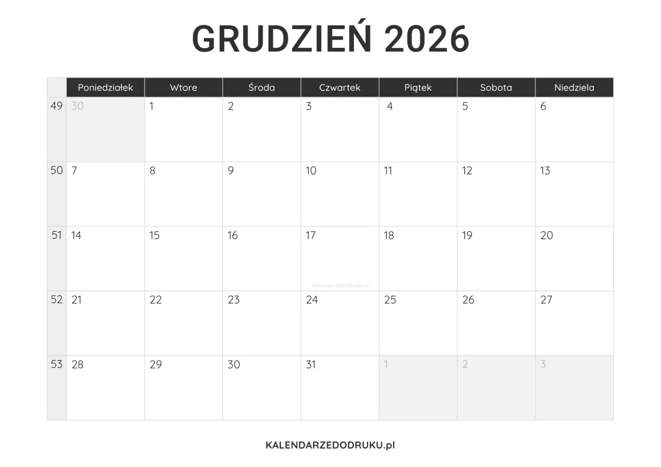 kalendarz grudzień 2026 minimalistyczny do pobrania pdf
