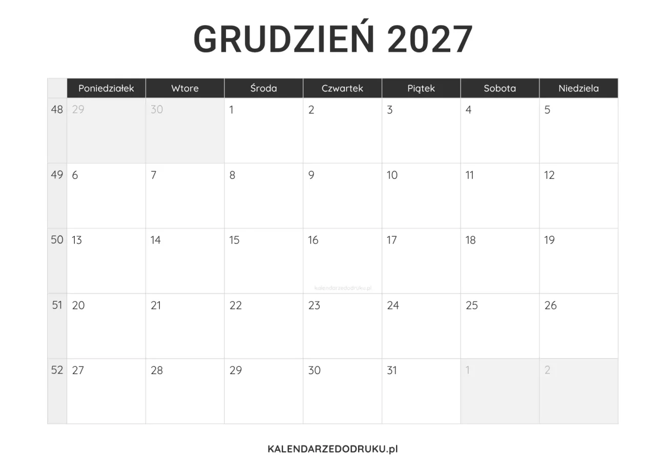 kalendarz grudzień 2027 minimalistyczny do pobrania pdf