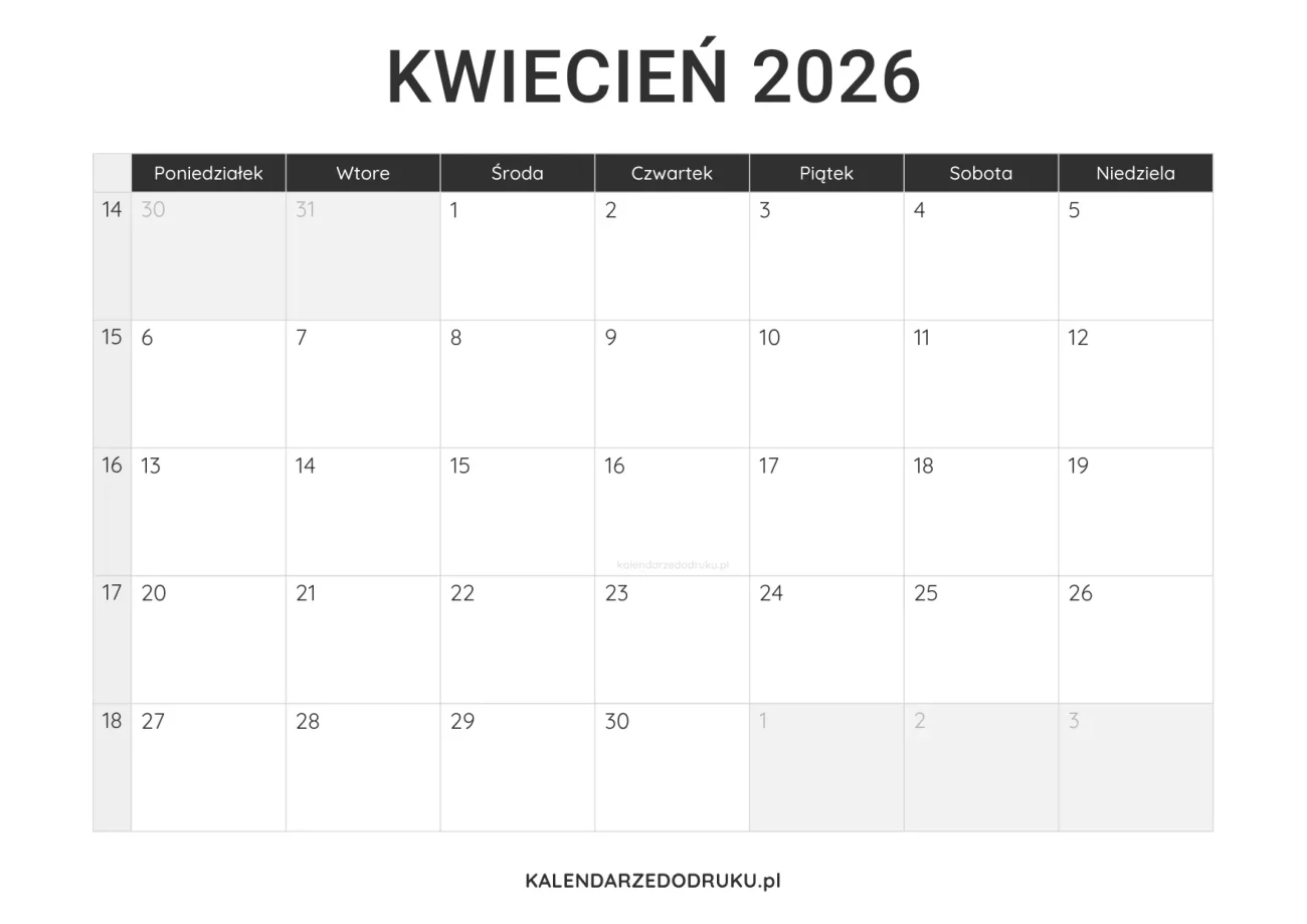 kalendarz kwiecień 2026 minimalistyczny do pobrania pdf