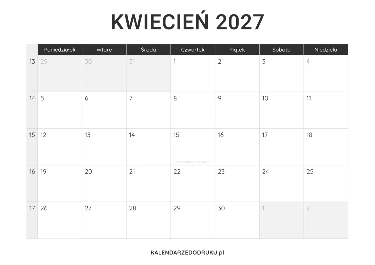 kalendarz kwiecień 2027 minimalistyczny do pobrania pdf