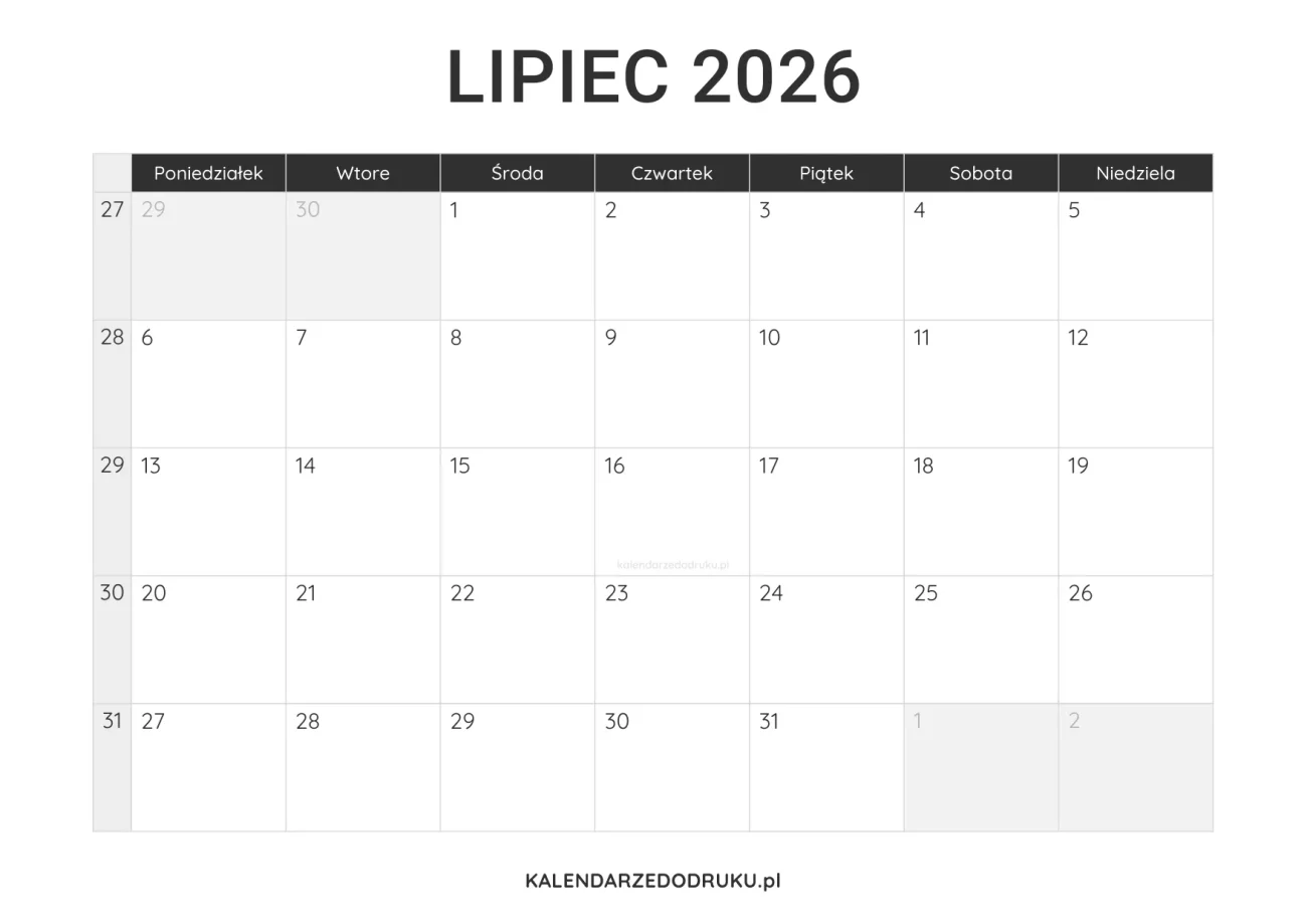 kalendarz lipiec 2026 minimalistyczny do pobrania pdf