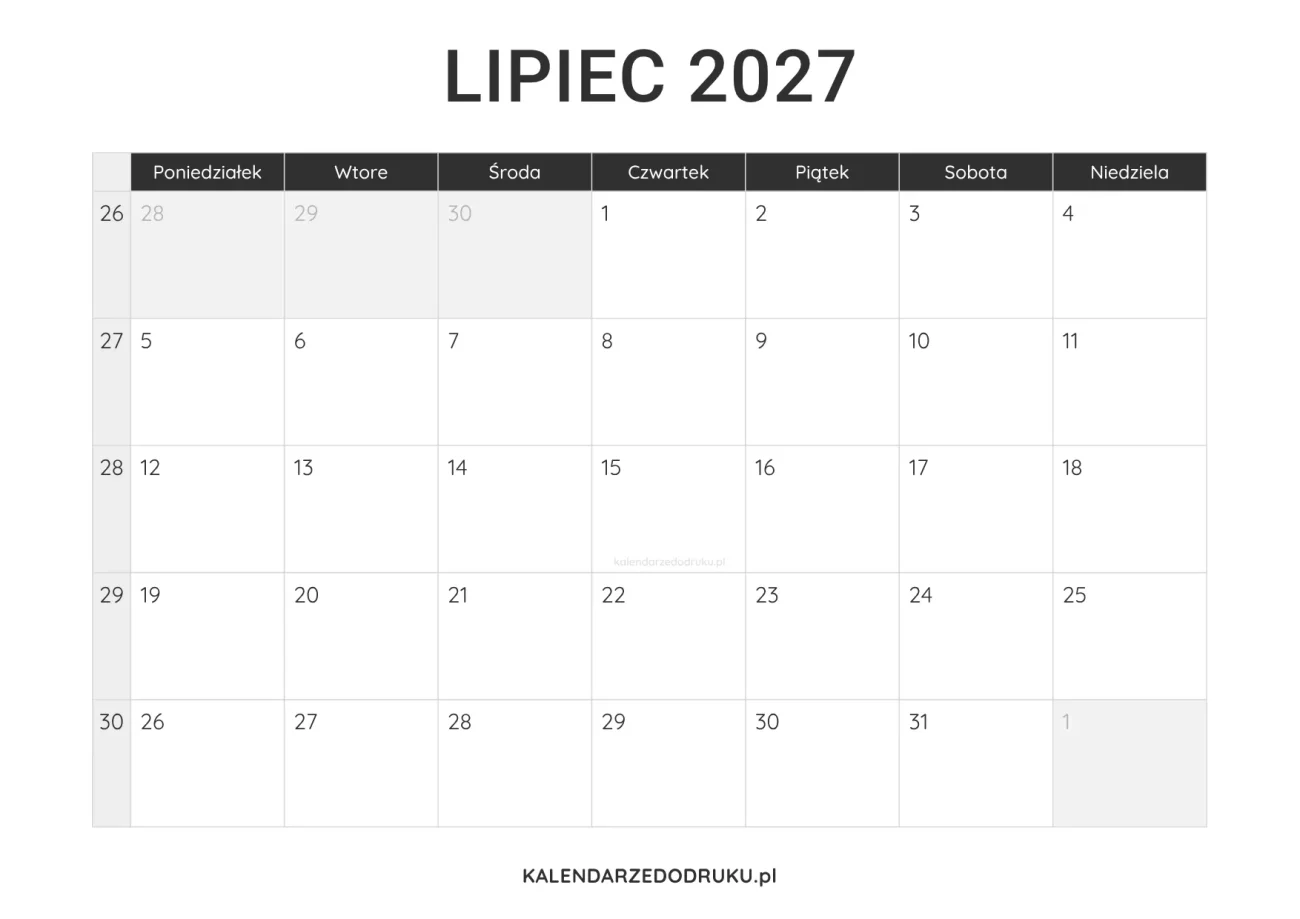 kalendarz lipiec 2027 minimalistyczny do pobrania pdf