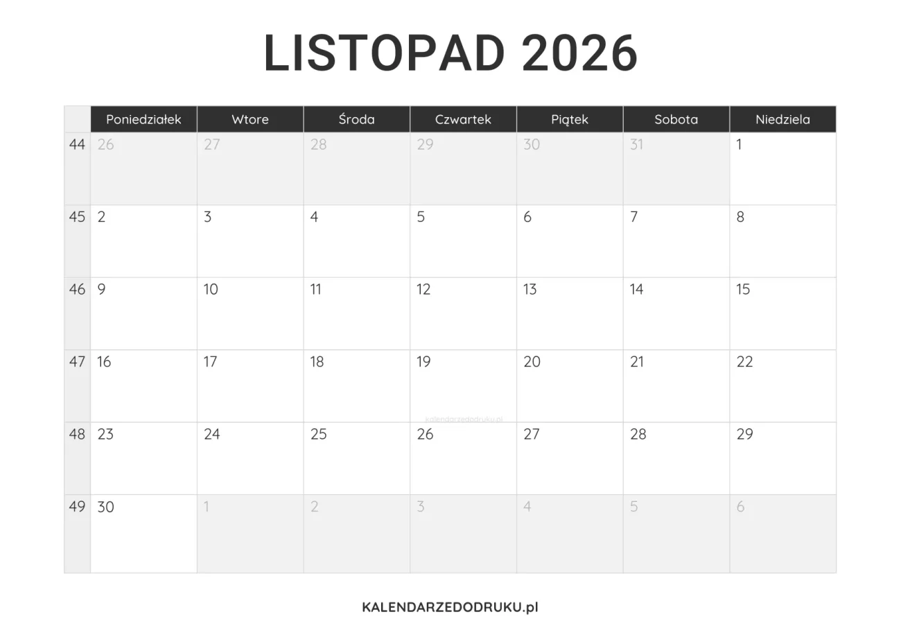 kalendarz listopad 2026 minimalistyczny do pobrania pdf