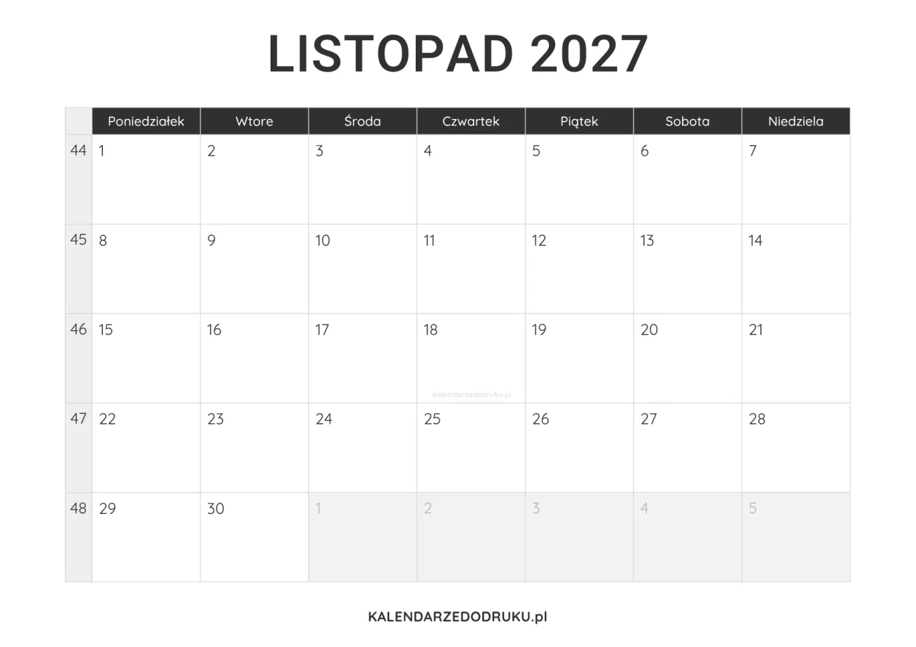kalendarz listopad 2027 minimalistyczny do pobrania pdf