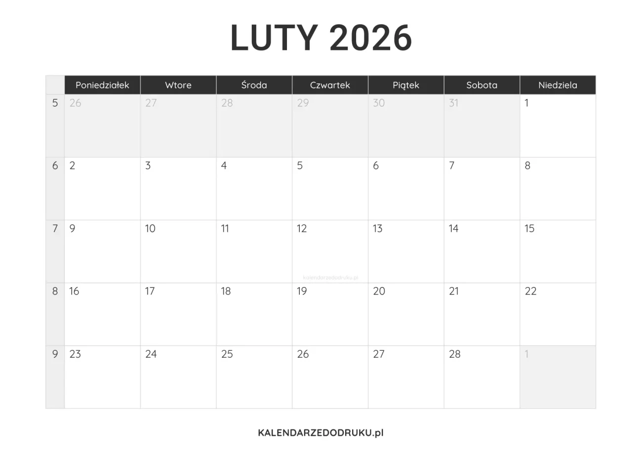 kalendarz luty 2026 minimalistyczny do pobrania pdf