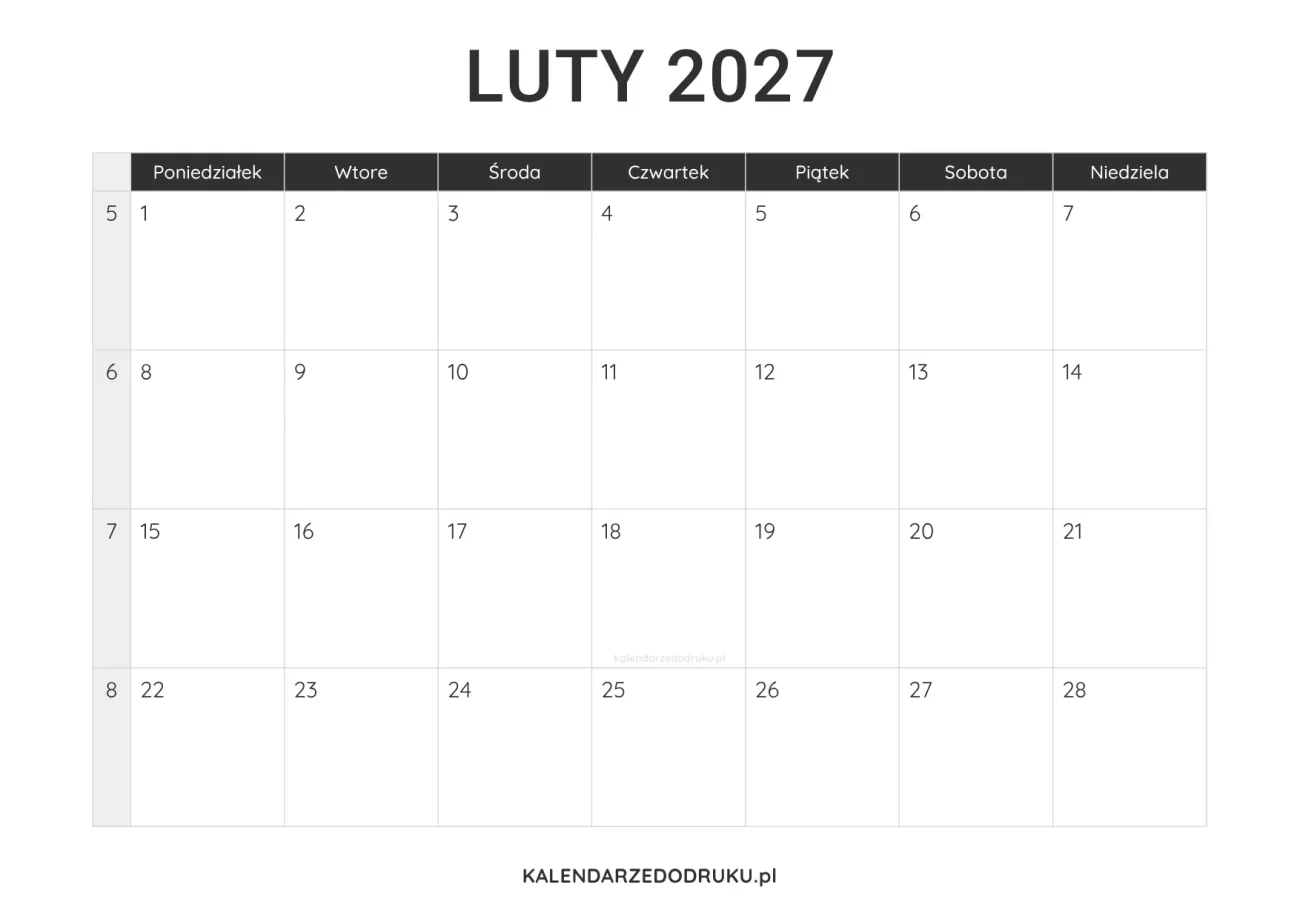 kalendarz luty 2027 minimalistyczny do pobrania pdf