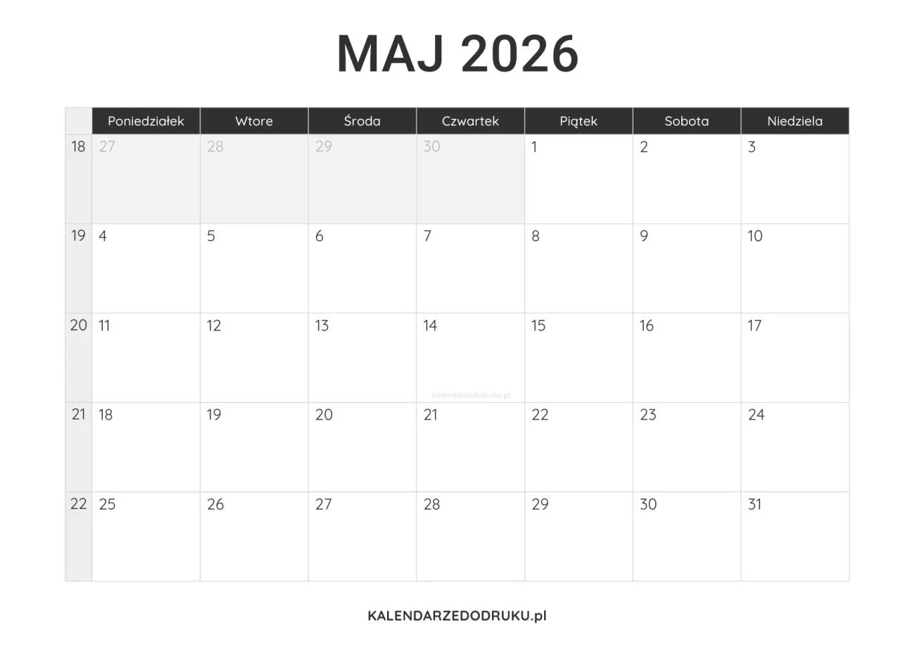 kalendarz maj 2026 minimalistyczny do pobrania pdf