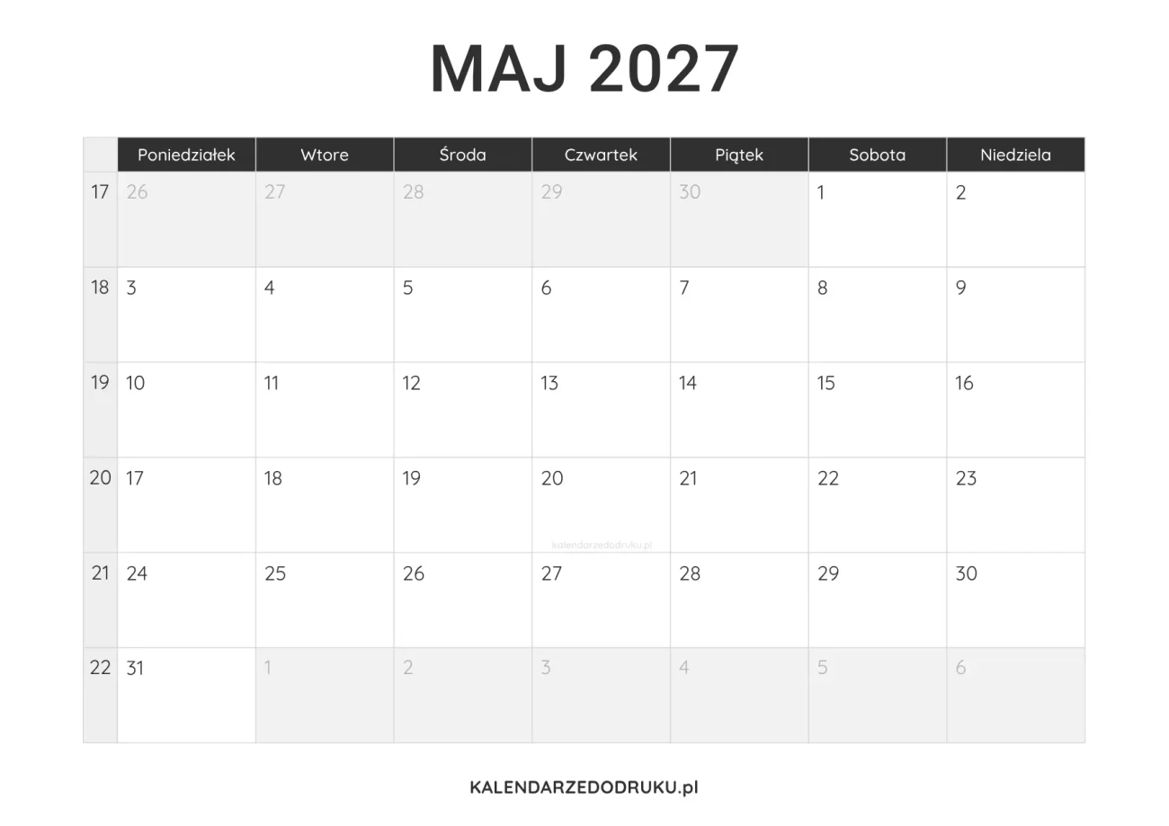 kalendarz maj 2027 minimalistyczny do pobrania pdf