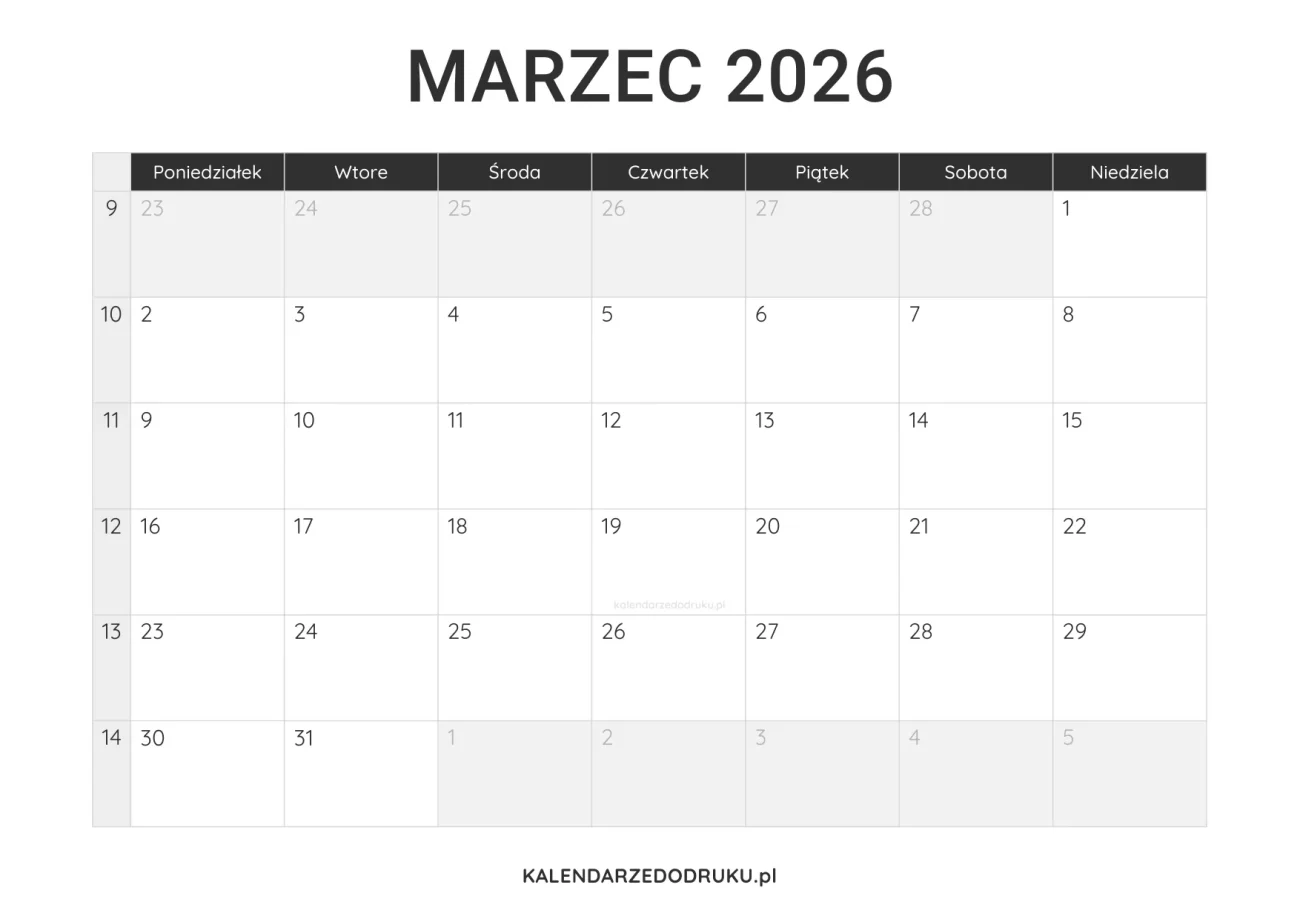 kalendarz marzec 2026 minimalistyczny do pobrania pdf