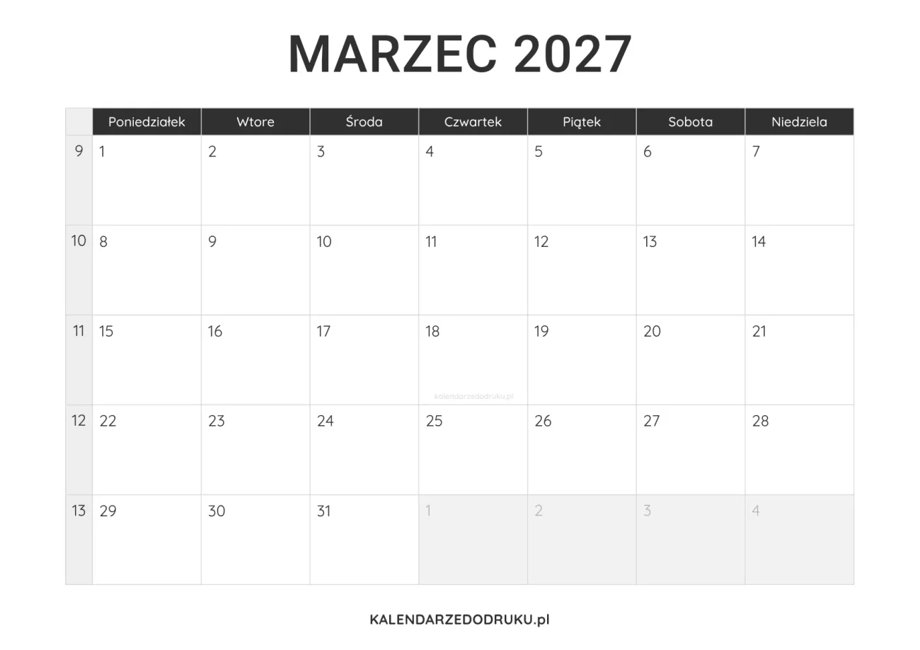 kalendarz marzec 2027 minimalistyczny do pobrania pdf