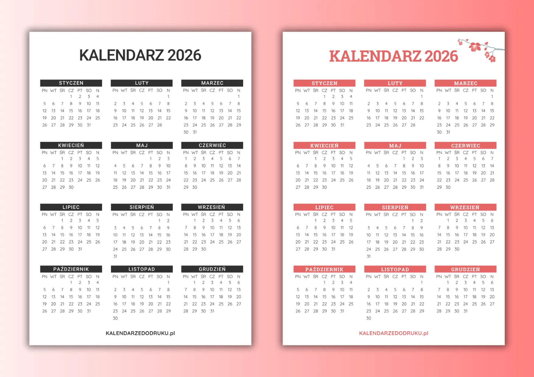 kalendarz na 2026 rok do wydruku