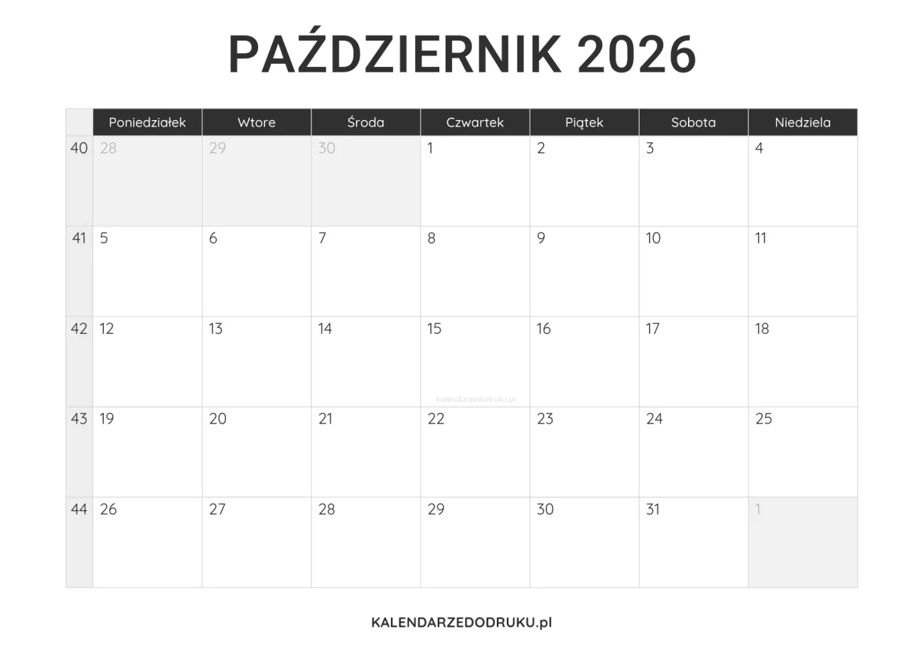 kalendarz październik 2026 minimalistyczny do pobrania pdf