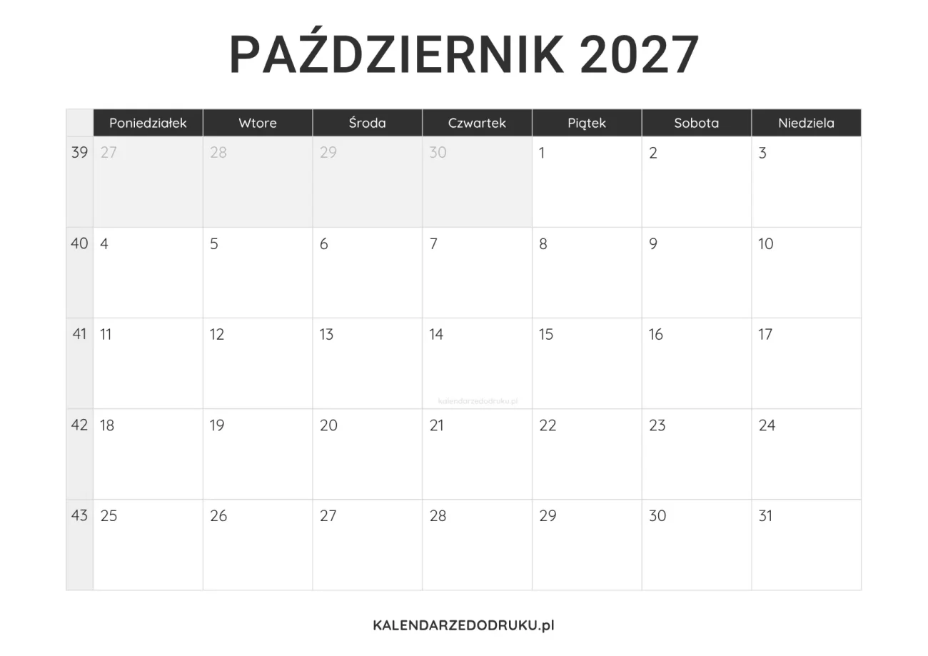 kalendarz październik 2027 minimalistyczny do pobrania pdf