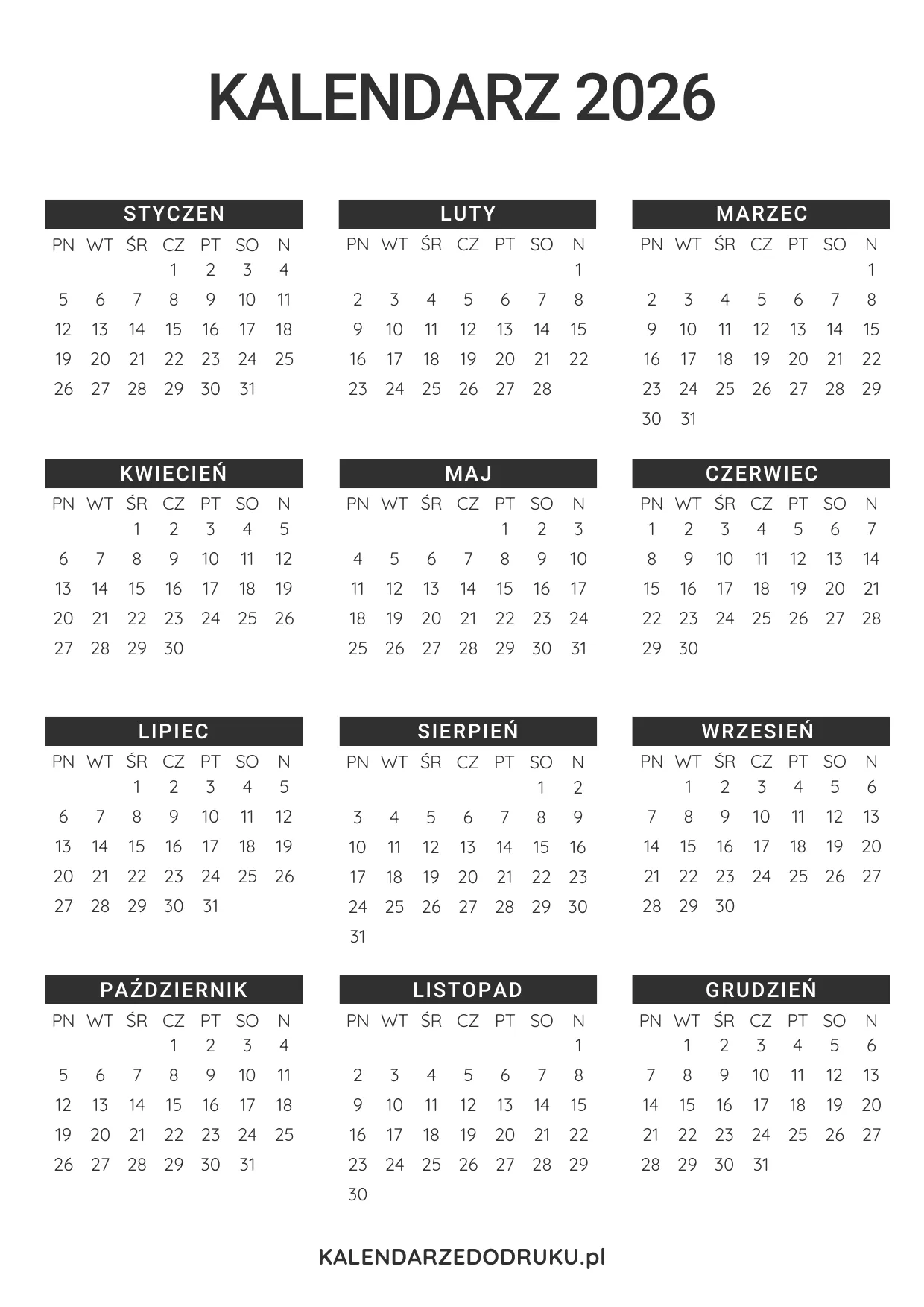 kalendarz roczny 2026 minimalistyczny