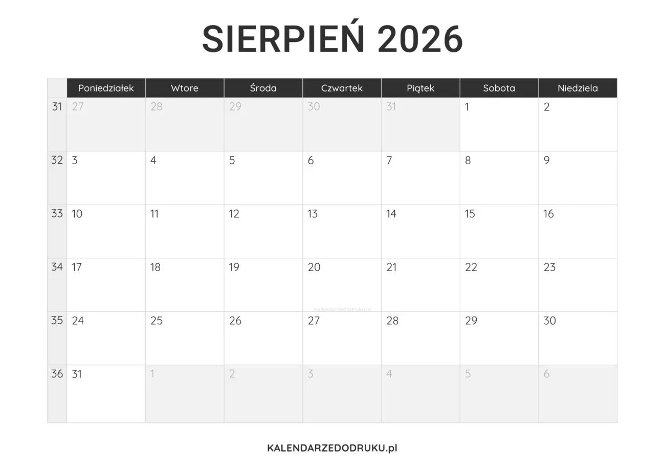 kalendarz sierpień 2026 minimalistyczny do pobrania pdf