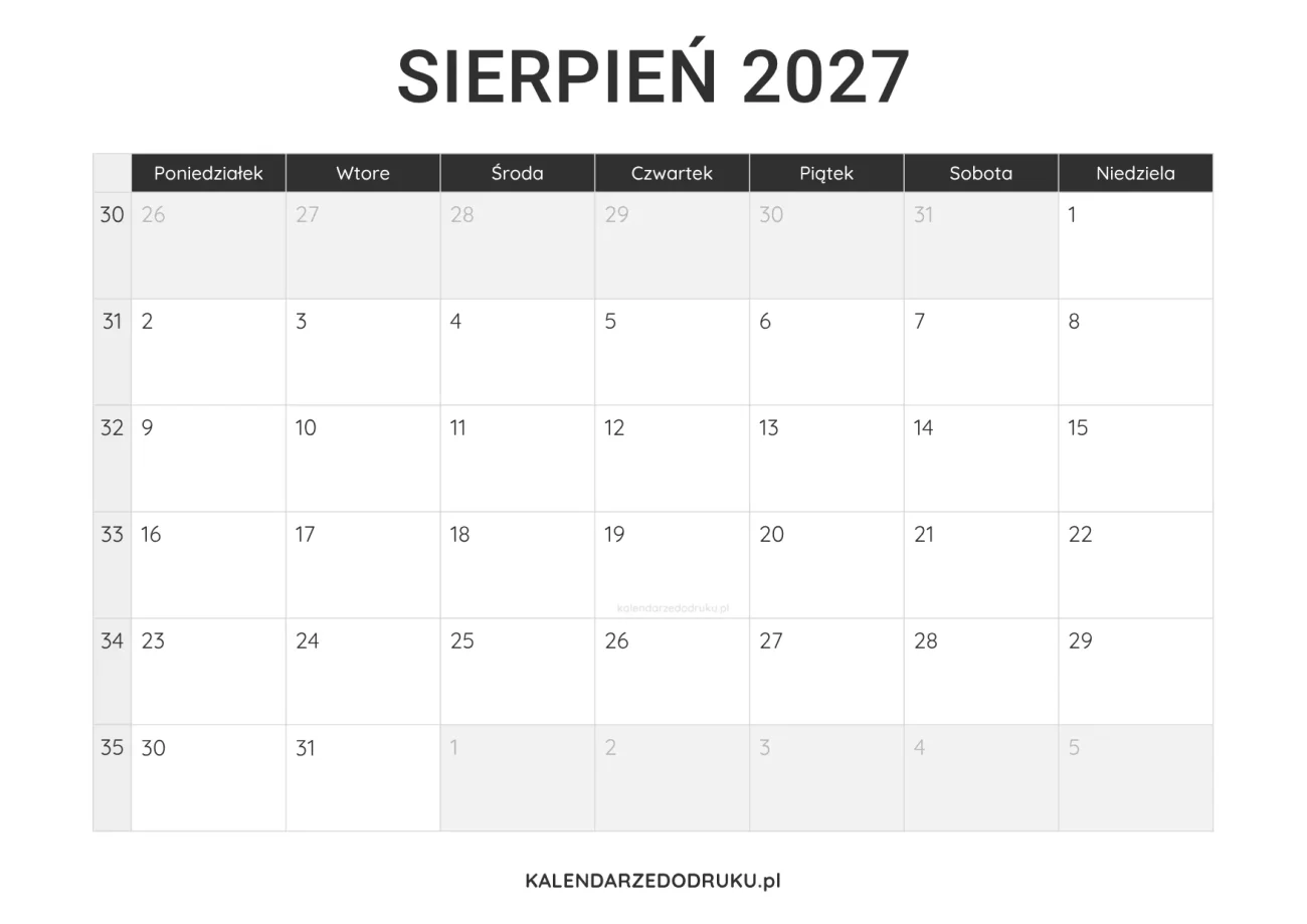 kalendarz sierpień 2027 minimalistyczny do pobrania pdf