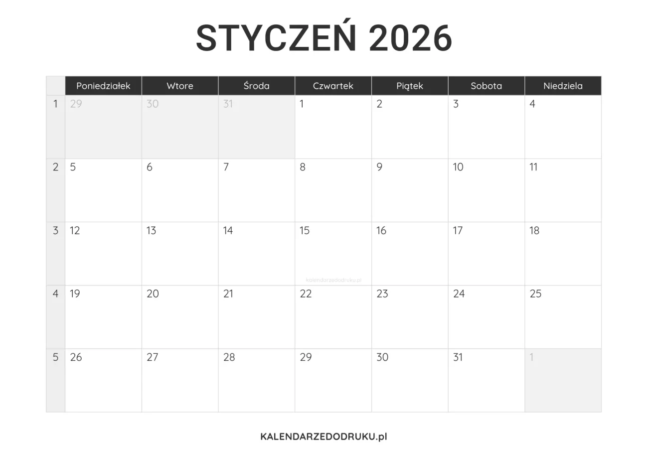 kalendarz styczen 2026 minimalistyczny do pobrania pdf