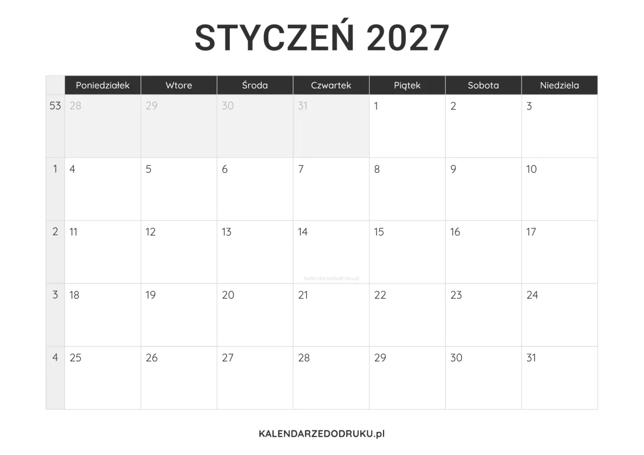 kalendarz styczen 2027 minimalistyczny do pobrania pdf