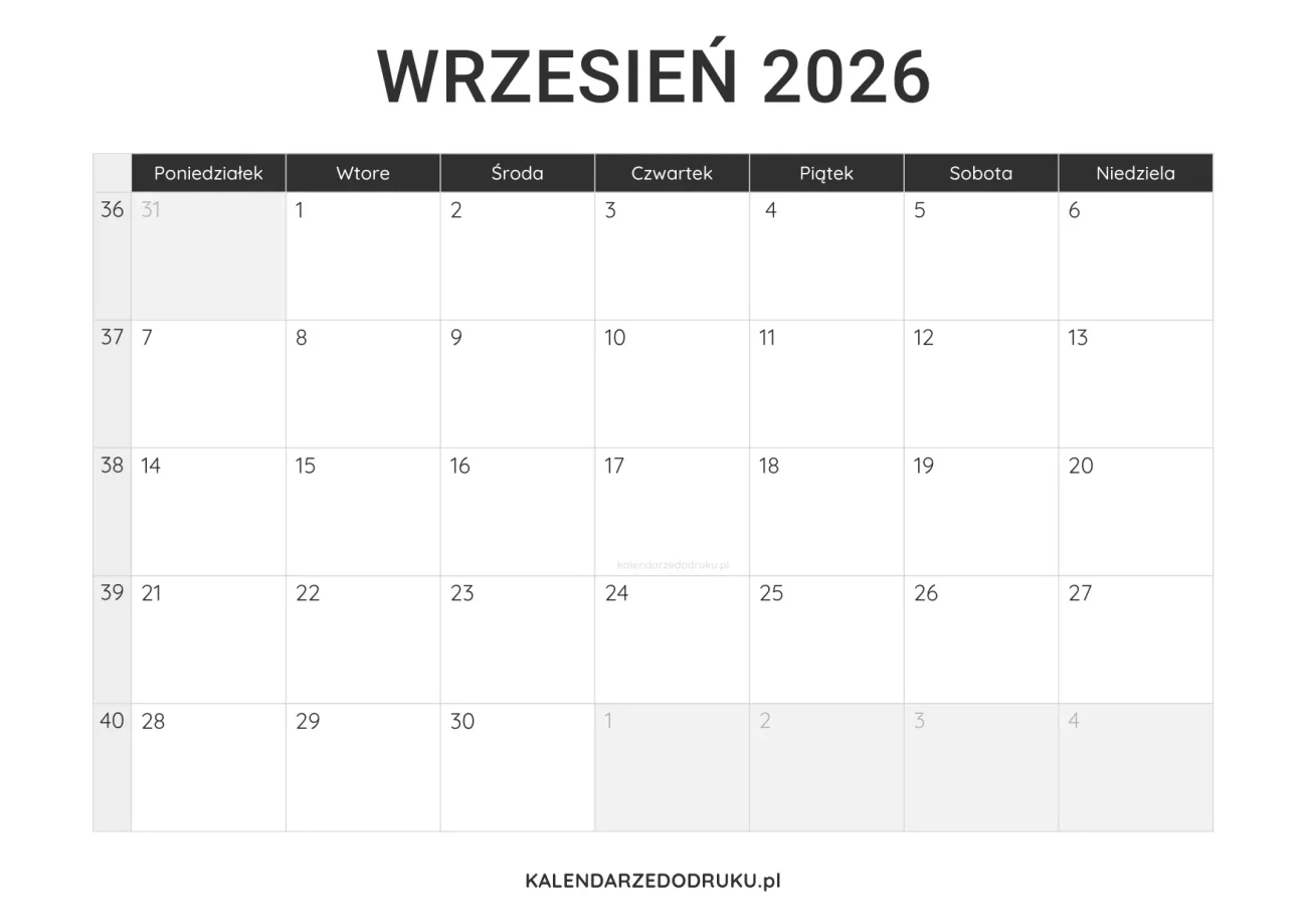 kalendarz wrzesień 2026 minimalistyczny do pobrania pdf