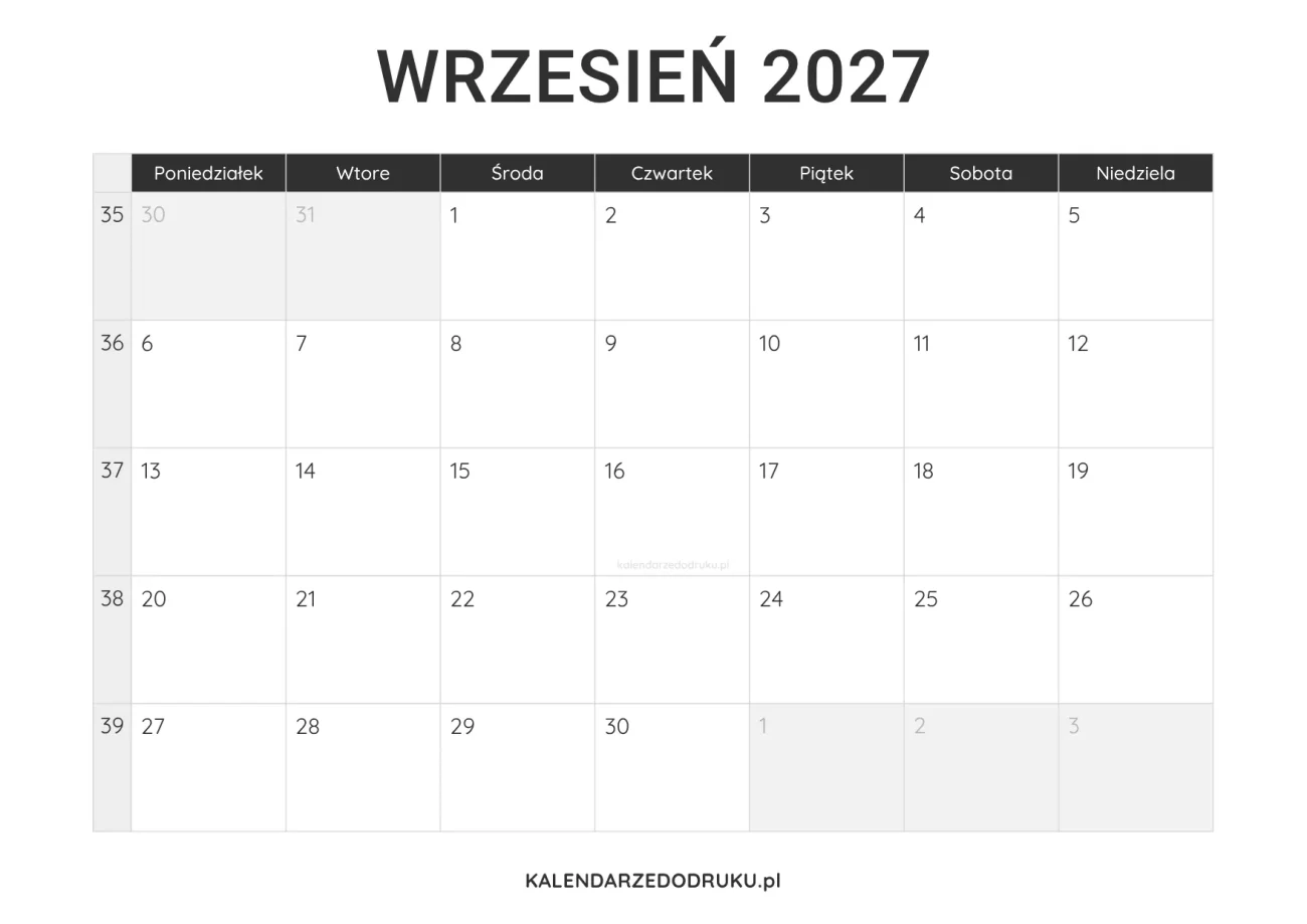 kalendarz wrzesień 2027 minimalistyczny do pobrania pdf