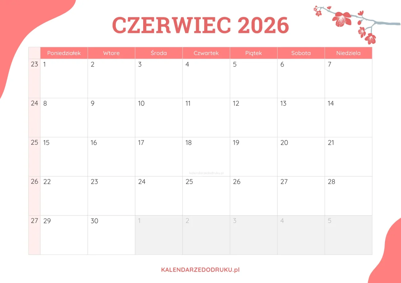 planner miesieczny czerwiec 2026 kwiatowy