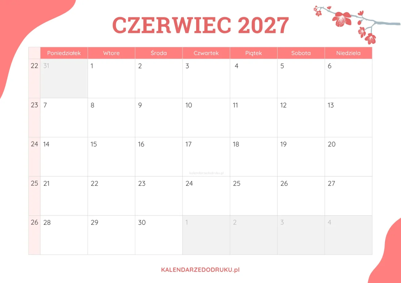 planner miesieczny czerwiec 2027 kwiatowy