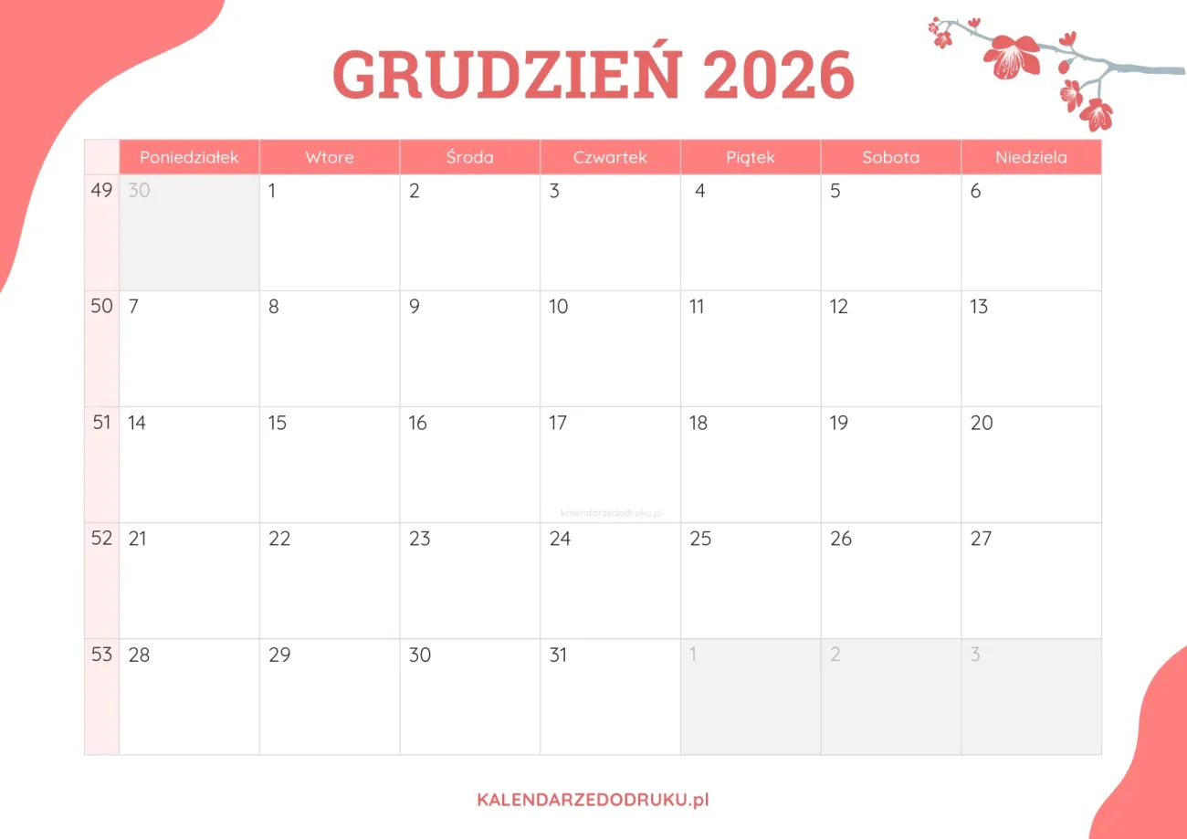 planner miesieczny grudzień 2026 kwiatowy