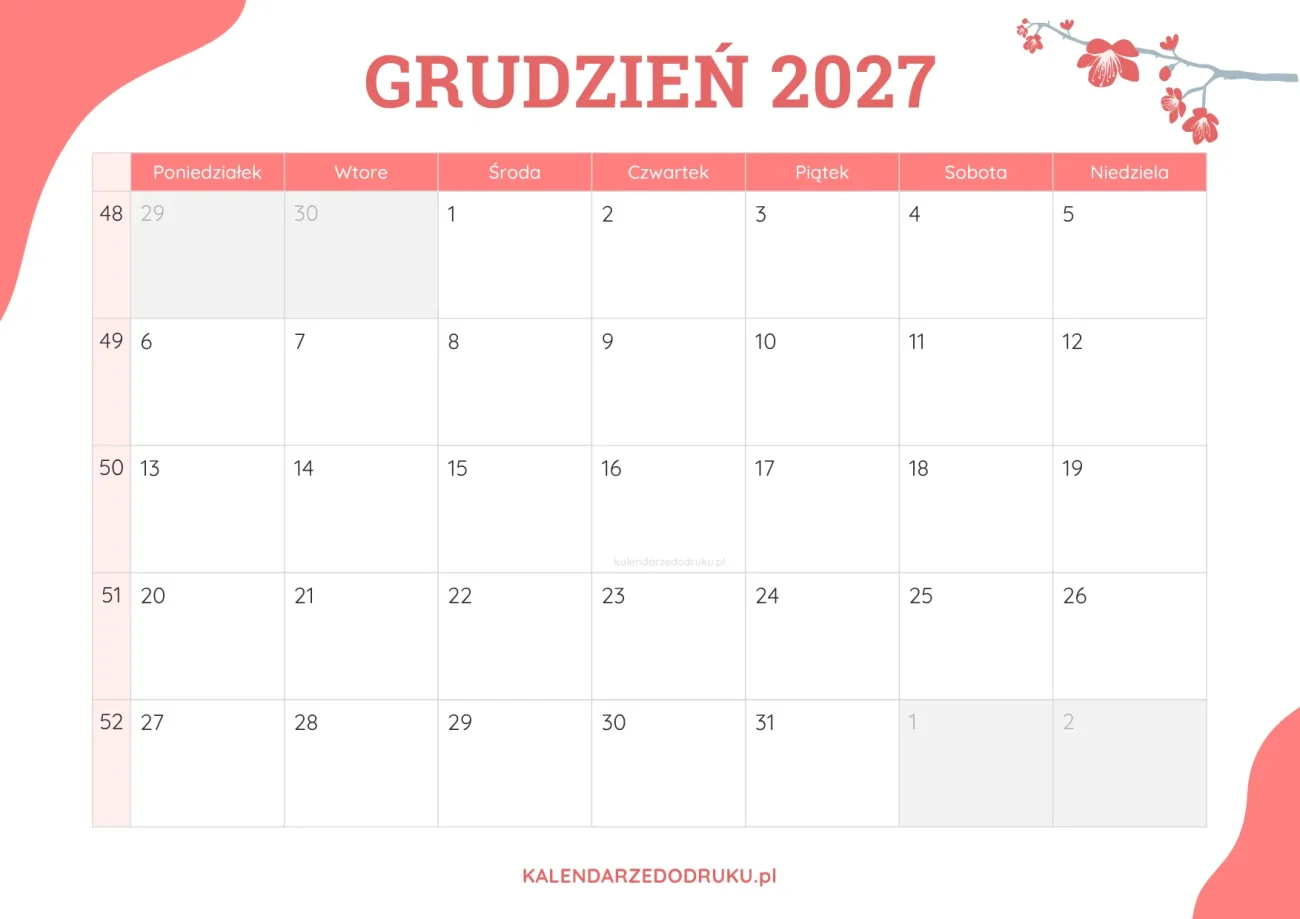 planner miesieczny grudzień 2027 kwiatowy