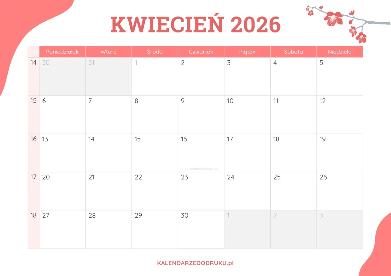 planner miesieczny kwiecień 2026 kwiatowy