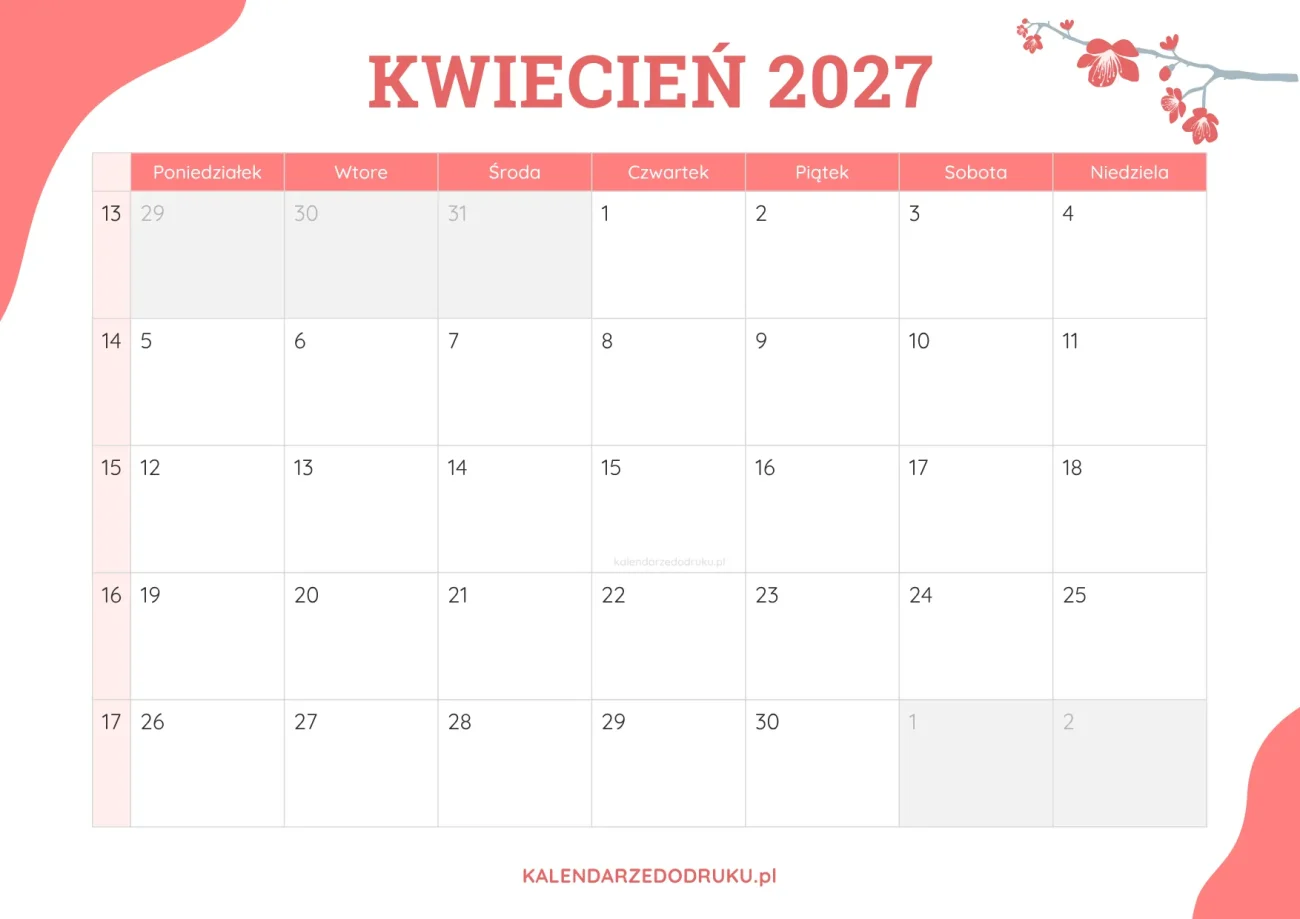 planner miesieczny kwiecień 2027 kwiatowy