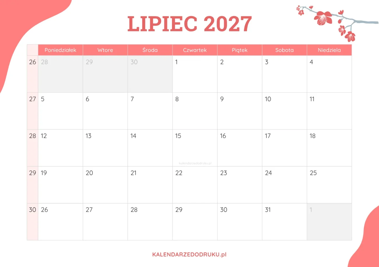 planner miesieczny lipiec 2027 kwiatowy