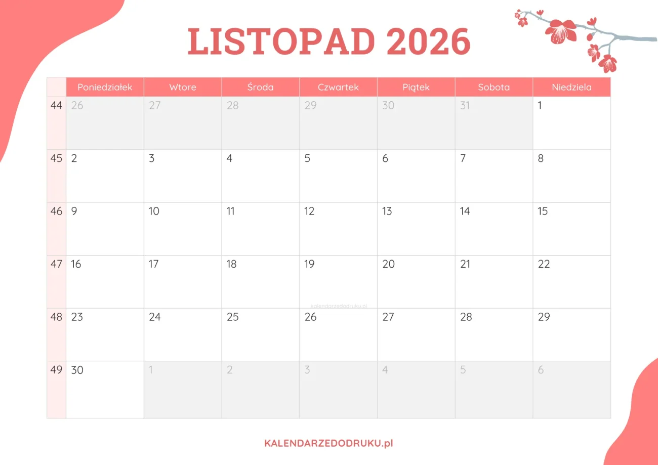 planner miesieczny listopad 2026 kwiatowy