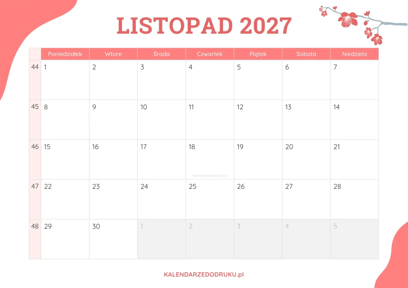 planner miesieczny listopad 2027 kwiatowy
