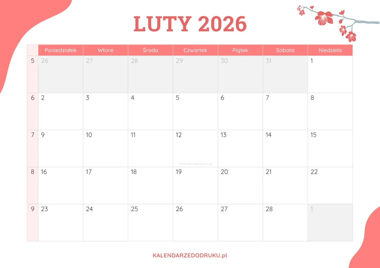planner miesieczny luty 2026 kwiatowy