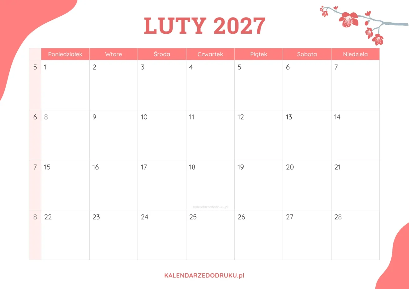 planner miesieczny luty 2027 kwiatowy