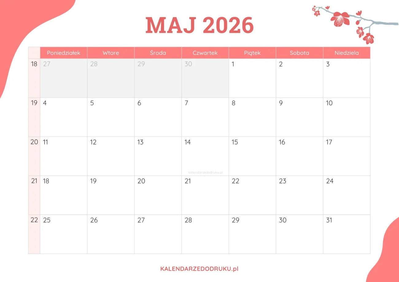 planner miesieczny maj 2026 kwiatowy