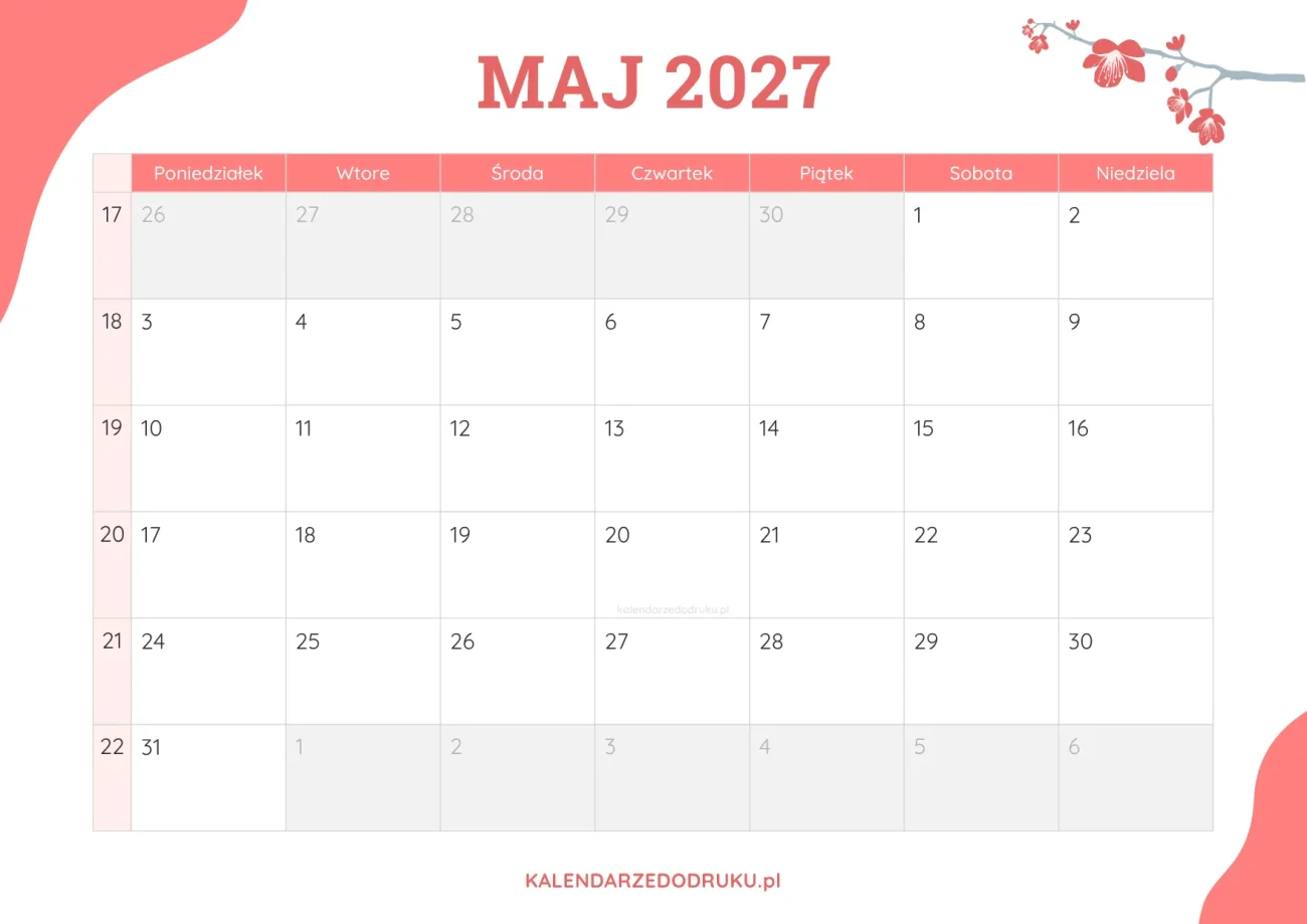 planner miesieczny maj 2027 kwiatowy