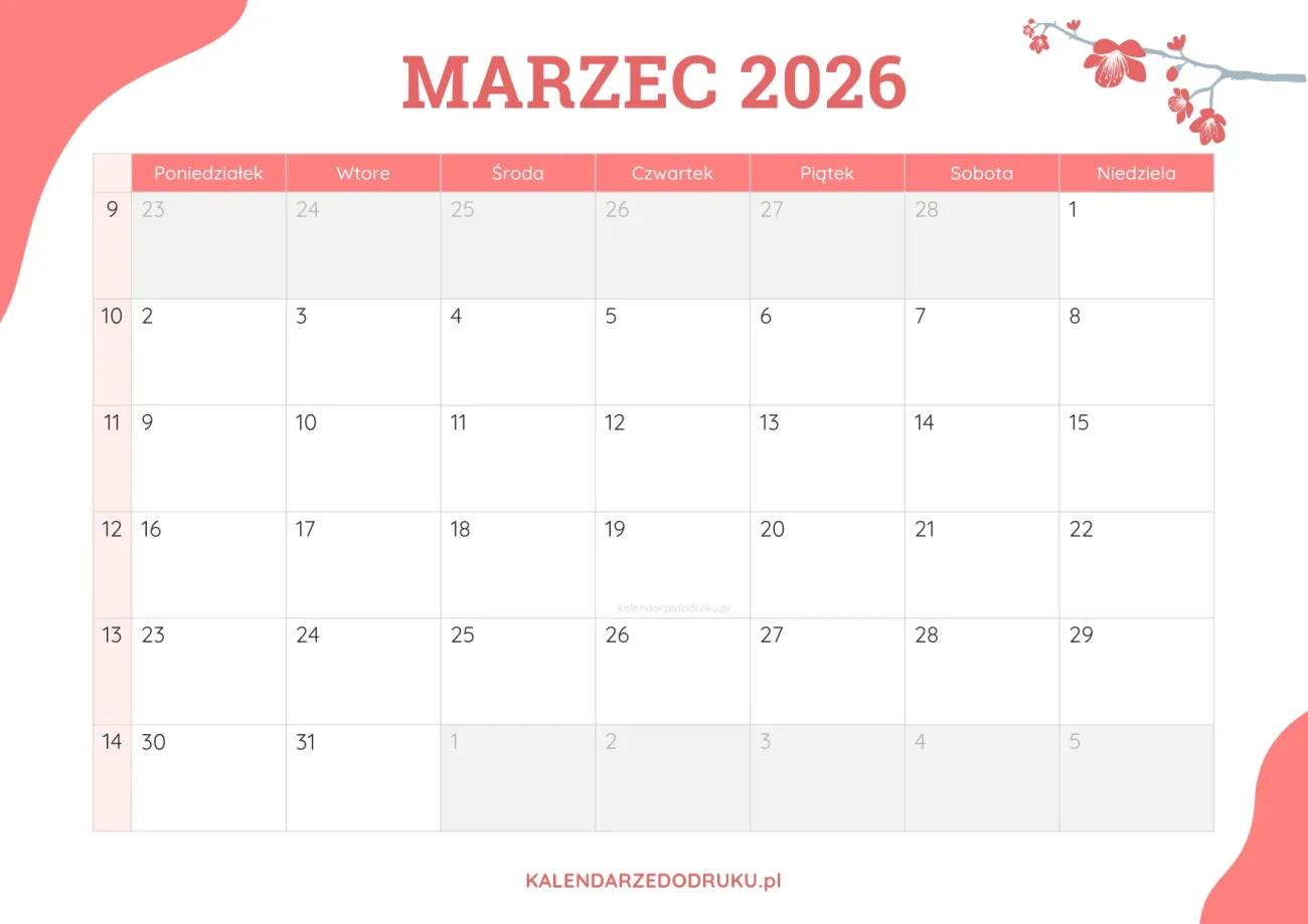 planner miesieczny marzec 2026 kwiatowy