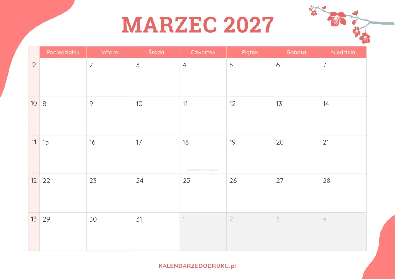 planner miesieczny marzec 2027 kwiatowy
