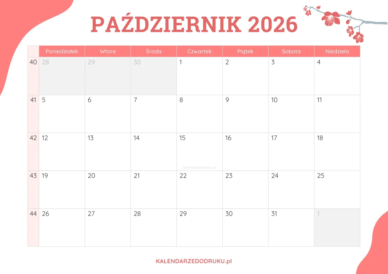 planner miesieczny październik 2026 kwiatowy
