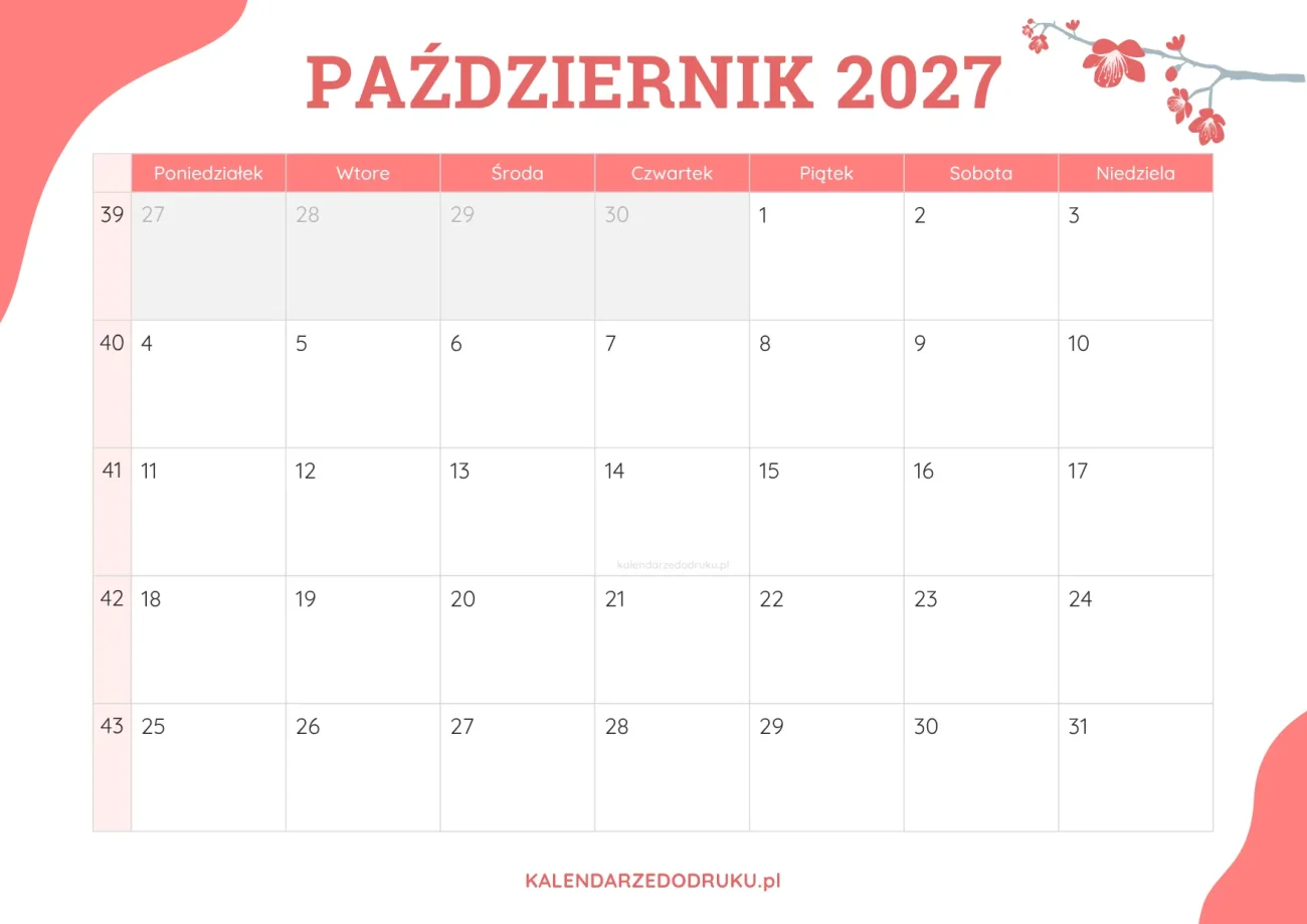 planner miesieczny październik 2027 kwiatowy