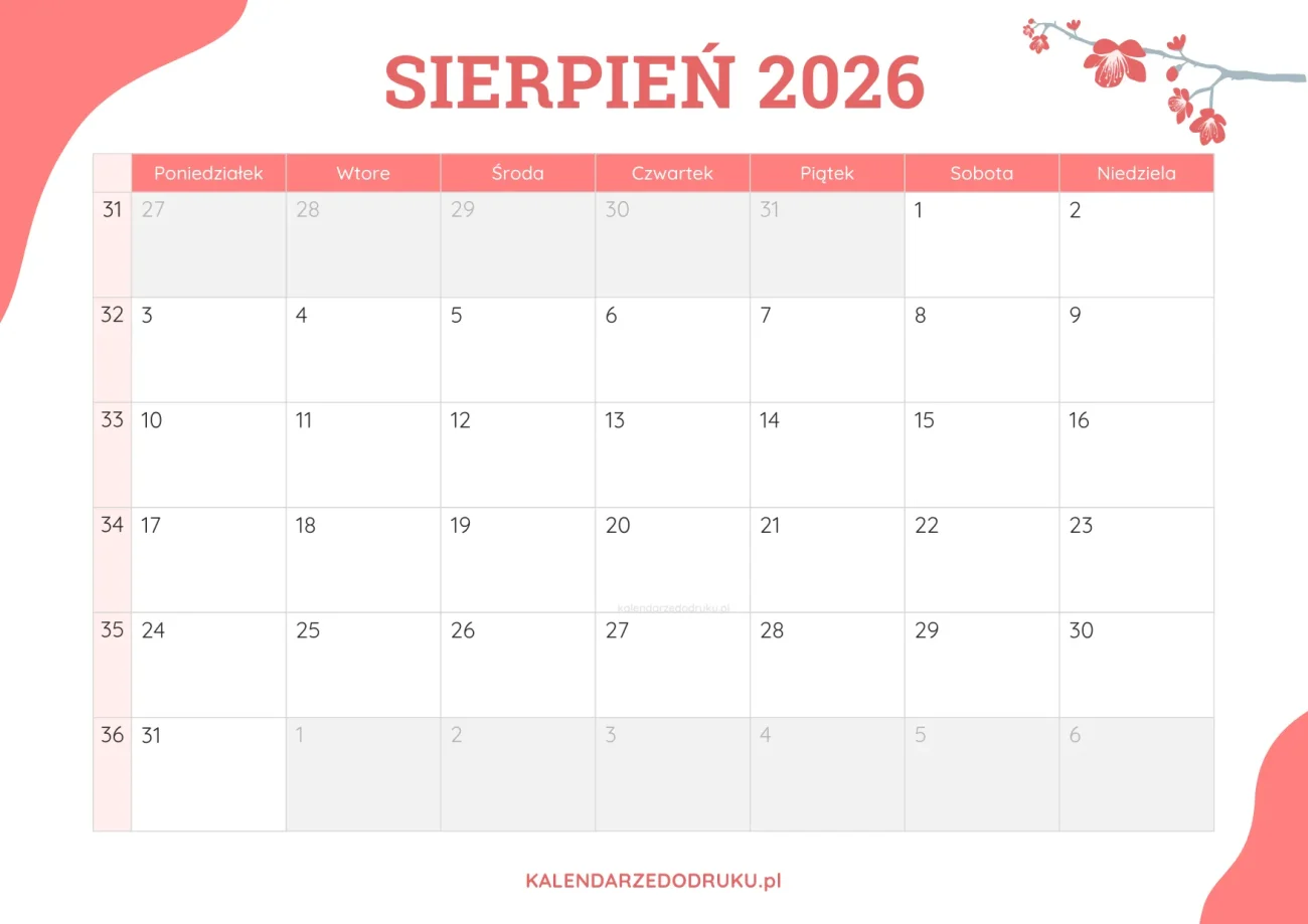 planner miesieczny sierpień 2026 kwiatowy
